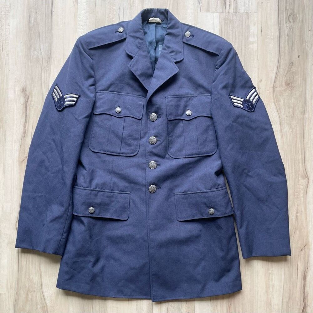 Vintage 70s Dress Blue USAF Air Force Wool Uniform Jacket 39R Patches "Tropical"